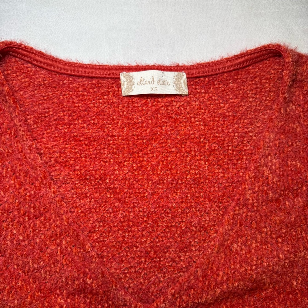 Altar'd State Fuzzy Knit Ruched Tie Front Crop Top XS Rust Long Sleeve Boho - Picture 4 of 7